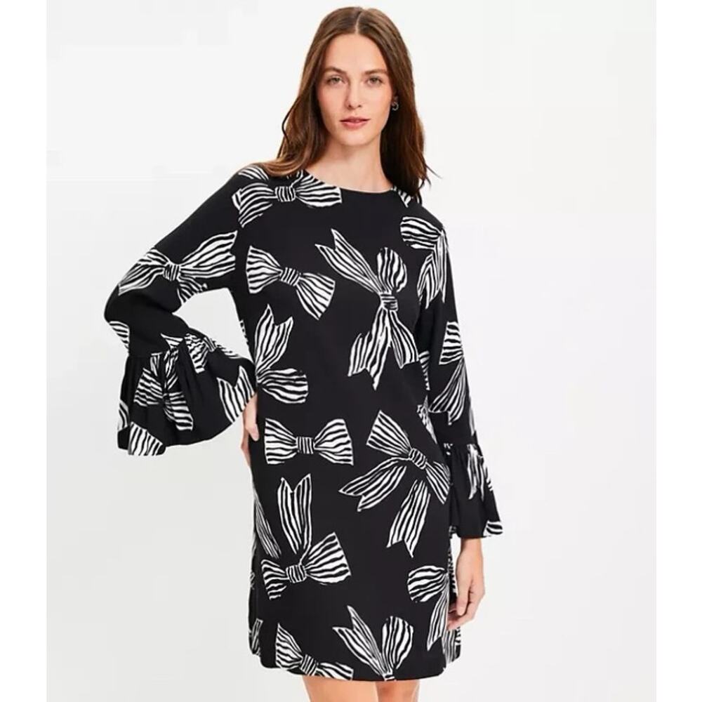 NWT LOFT Bow Flounce Cuff Mini Dress - Black - Medium